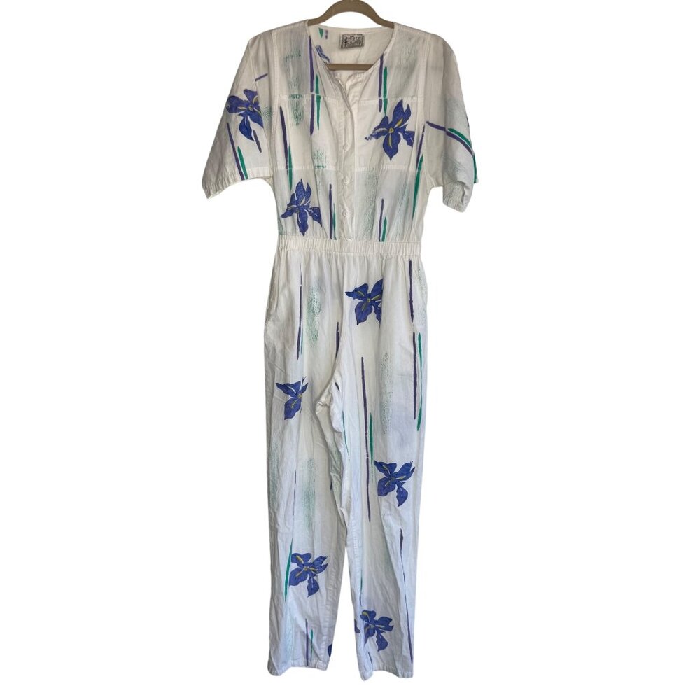 Vintage 80' Play Alegre White Hand Painted Floral Jumpsuit Women M/L Made in USA